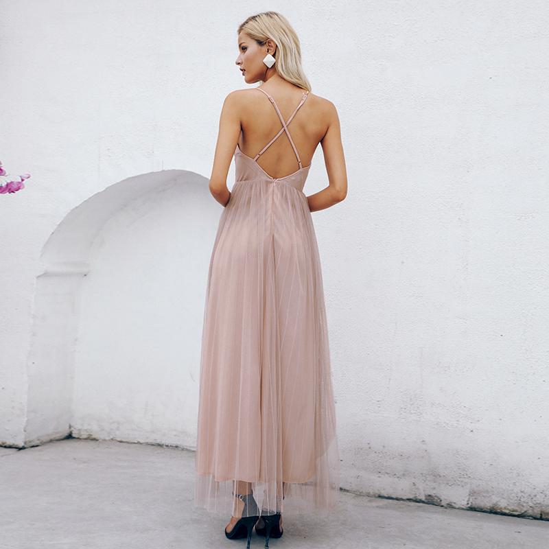 Mesh pink lace dress Elegant Party V Neck Evening Maxi Dress