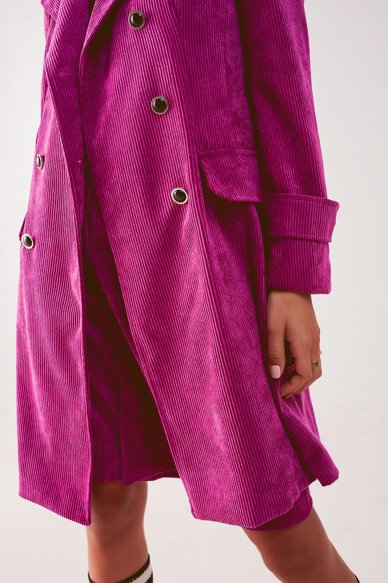 Longline Blazer With Vintage Buttons in Fuchsia Cord