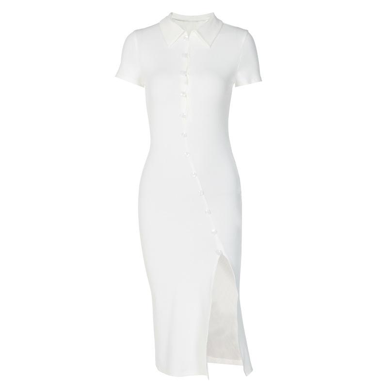 White Buttons Bodycon Dress Midi Dress High Split Dress