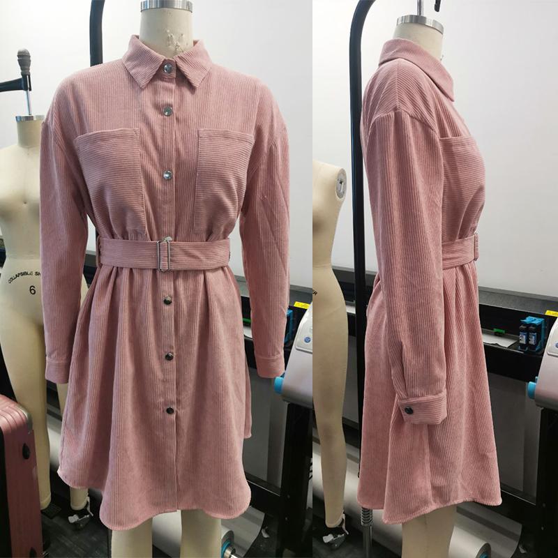Pink A-Line corduroy short dress with belt Chic Turn-down single collar dress