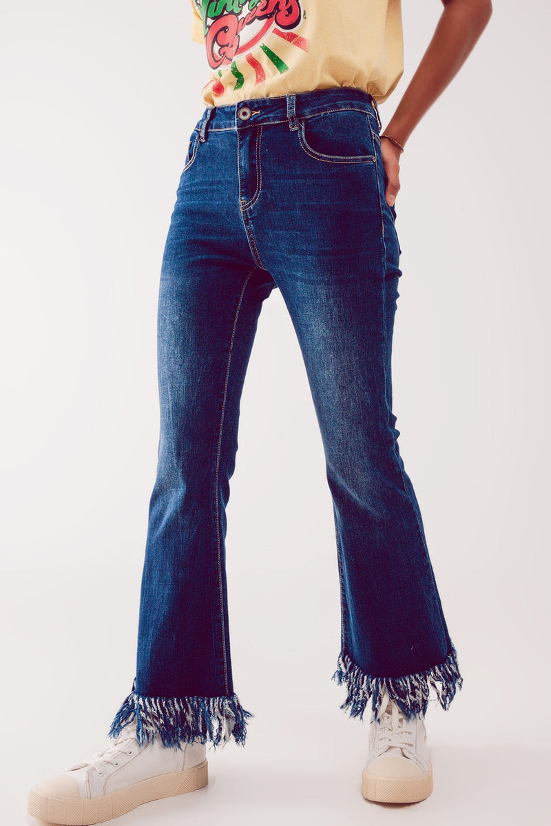Flare Straight Leg Jeans With Raw Hem Edge in Deep Blue