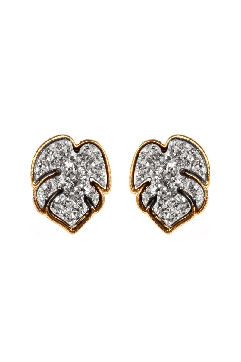 Fe5480 - Metal Druzy Palm Leaf Post Earrings