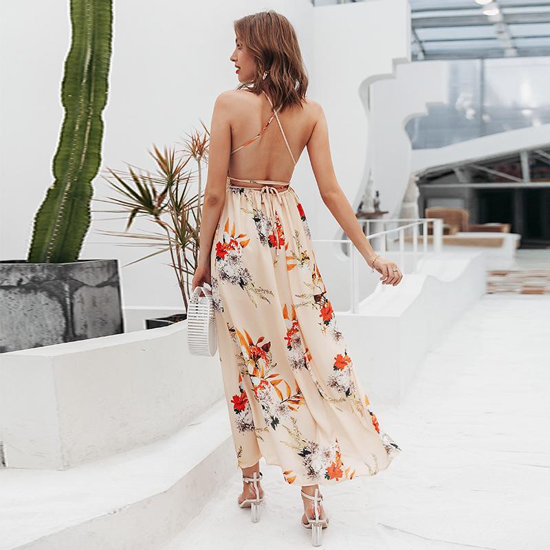 Backless Boho Floral Print Long Dress Chiffon Summer Maxi Dress