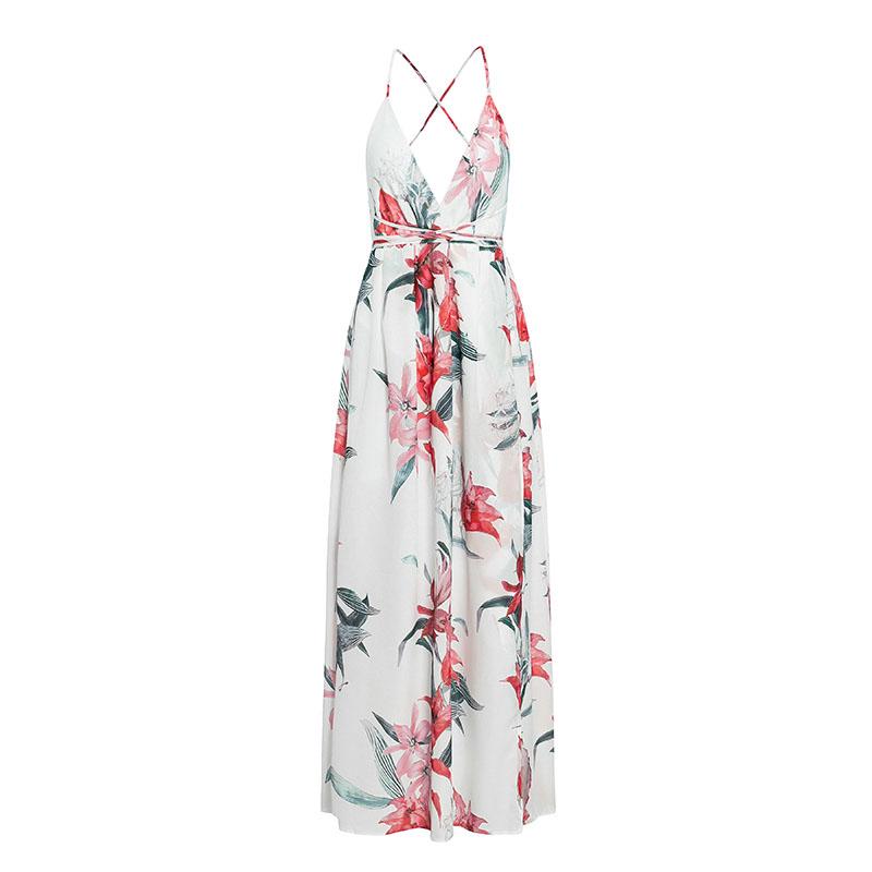 Backless Boho Floral Print Long Dress Chiffon Summer Maxi Dress