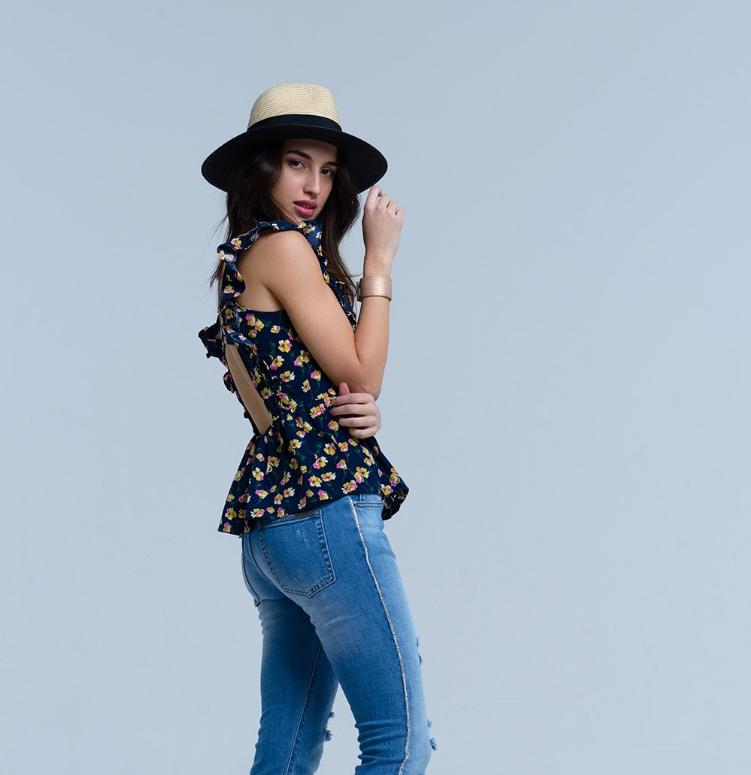 Navy Crossed Back Shirt With Ruffles