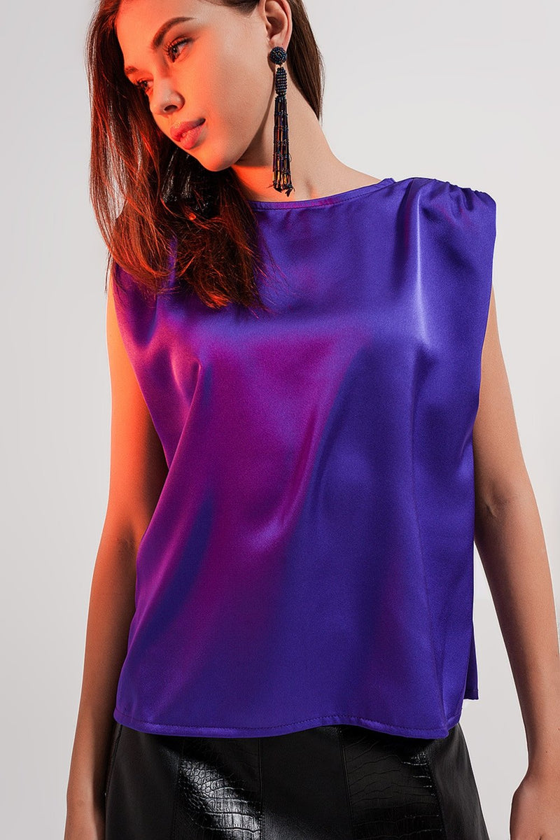 Shoulder Pad Satin Top in Violet