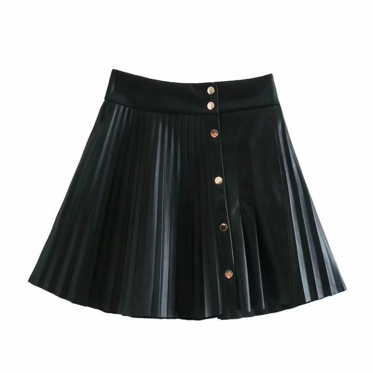 Black or Purple High Street Artificial Leather Mini Skirt Striped button A-line Short Skirt