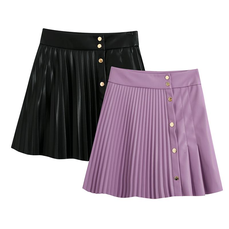 Black or Purple High Street Artificial Leather Mini Skirt Striped button A-line Short Skirt