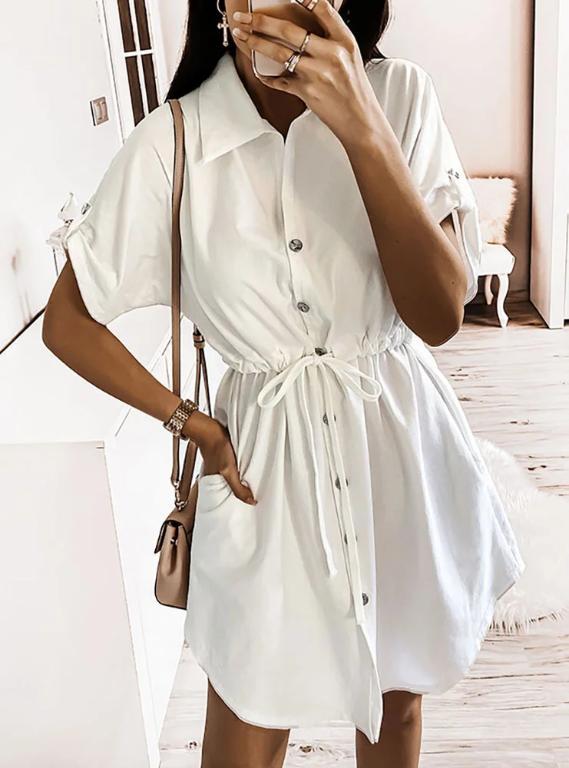 White Lace-up Short Sleeve Cotton dress Bat Sleeve Buttoned Shirt Dress