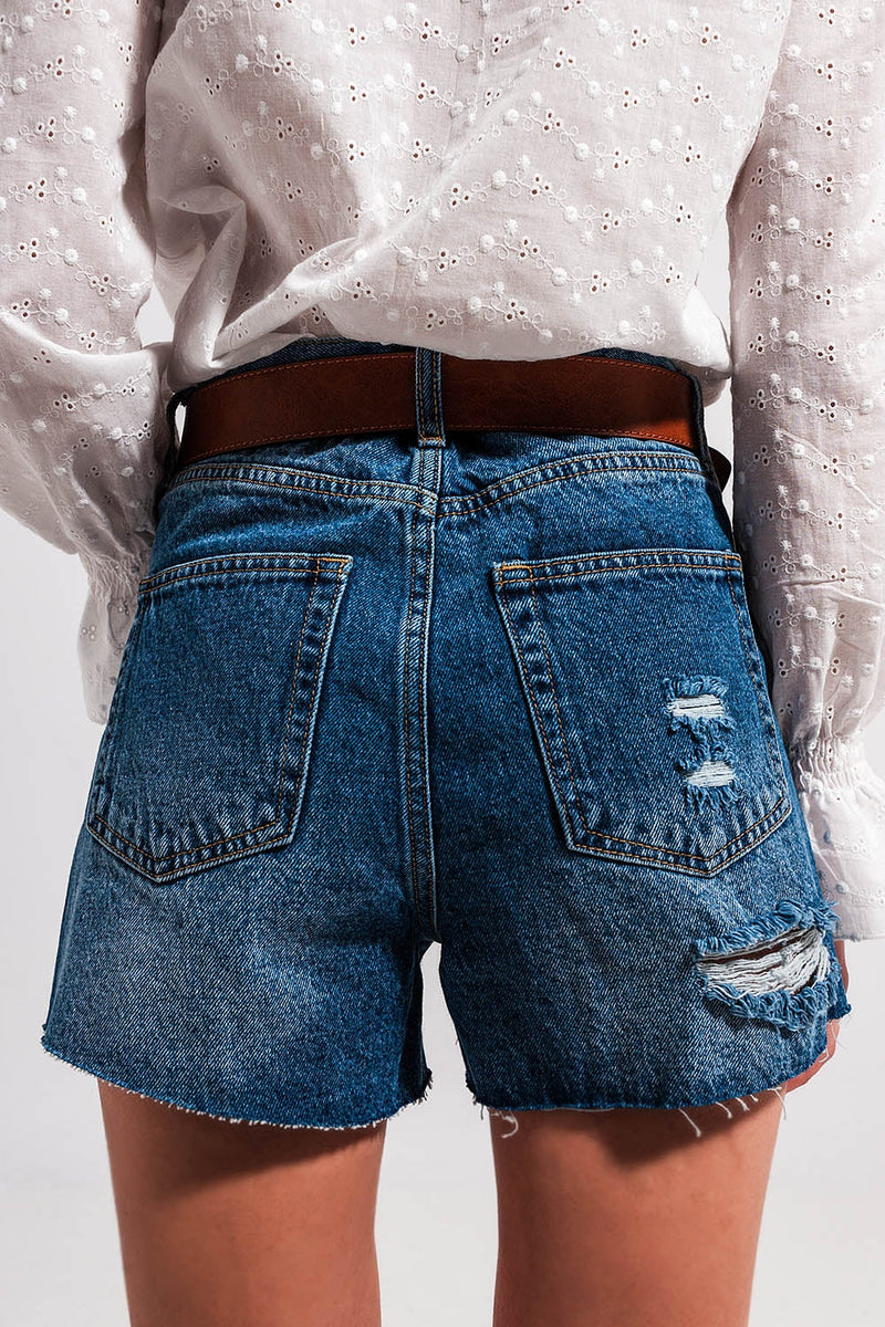 High Waisted Ripped Denim Shorts in Mid Wash