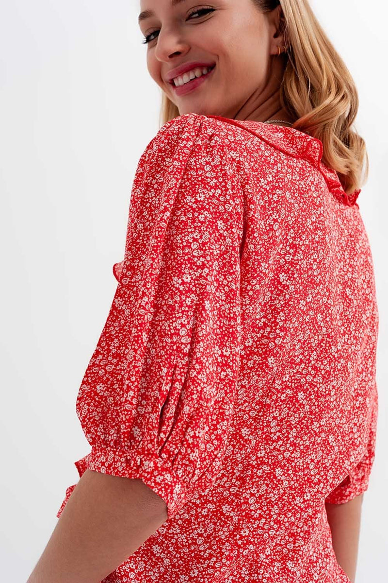 Red Wrap Top in Clustered Flower Print