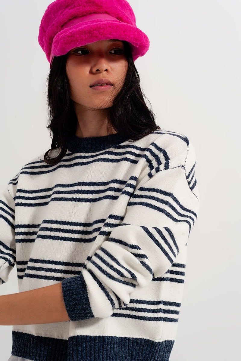 Striped Long Sleeved Sweater in White