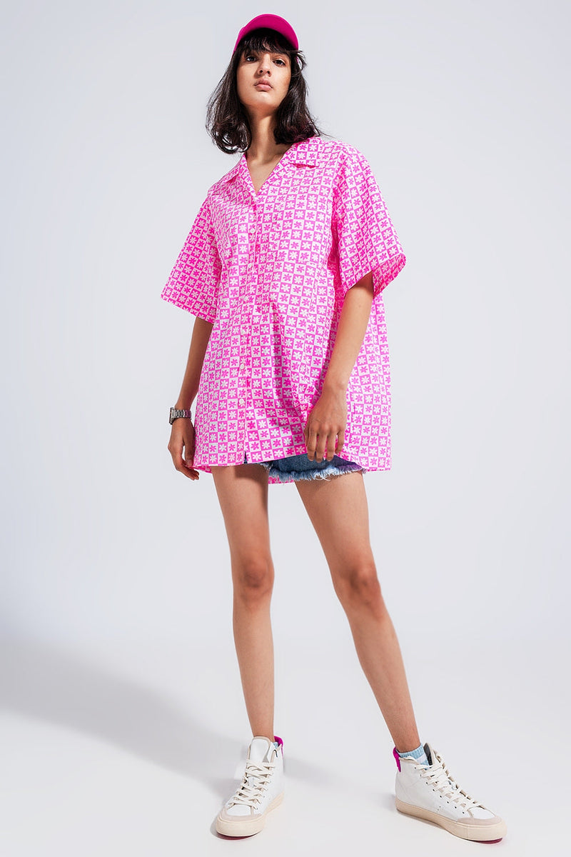 Oversized Short Sleeve Shirt in Bright Pink