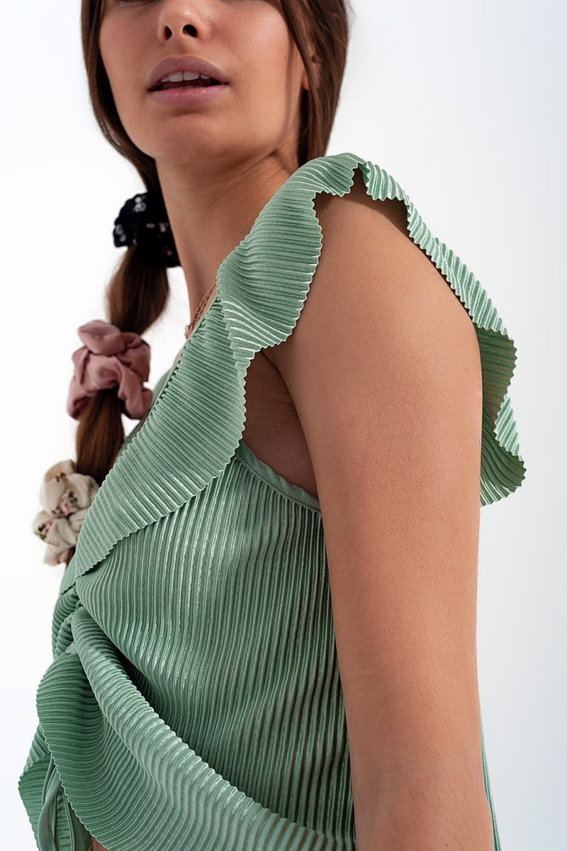 Tie Front Shirred Detail Volume Sleeve Crop Top in Green