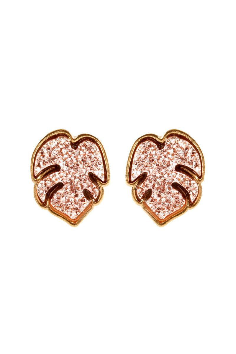 Fe5480 - Metal Druzy Palm Leaf Post Earrings