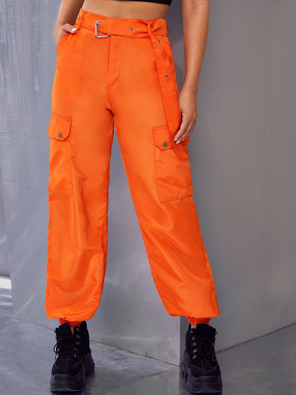 Neon Orange Grommet Belted Utility Cargo Pants