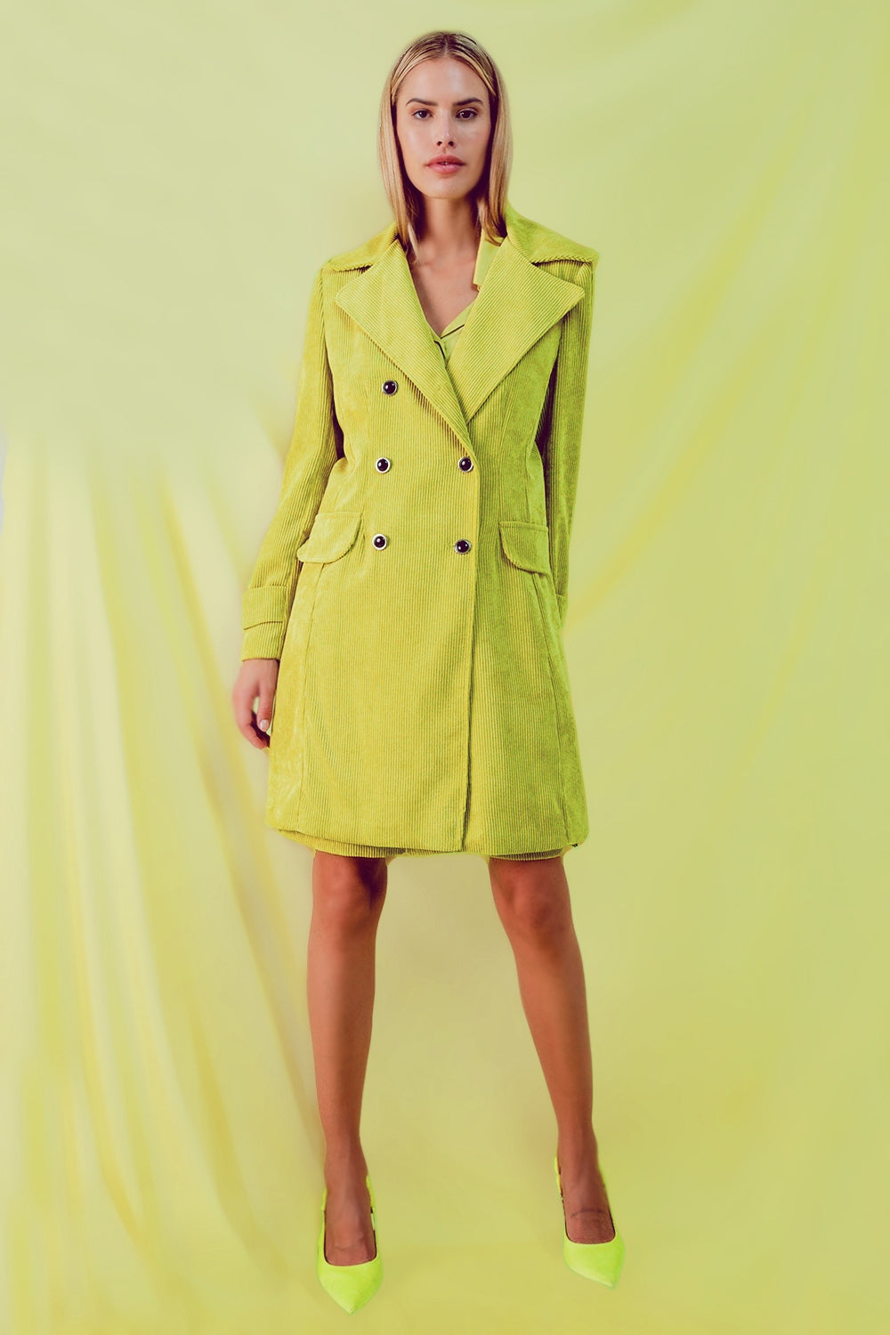 Longline Blazer With Vintage Buttons in Lime Cord