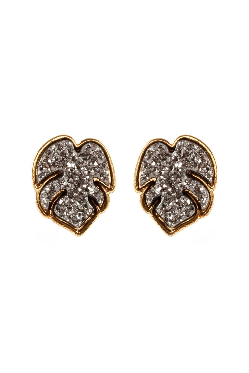 Fe5480 - Metal Druzy Palm Leaf Post Earrings