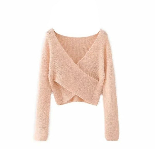 Pink Fluffy Knitted Sweater V-neck Wrap Front Cropped Pullovers