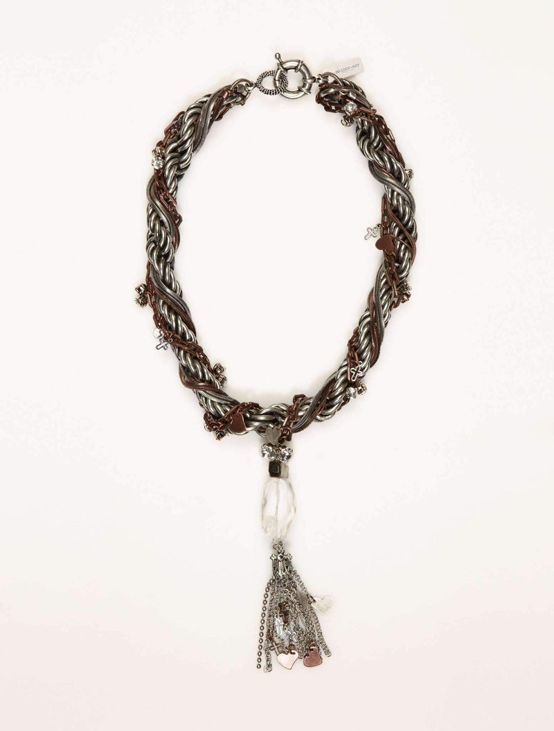Multichain Necklace with silver tassel and charms.