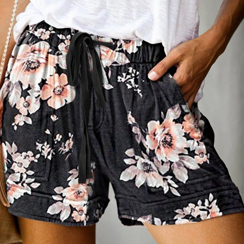 Black Floral Print Drawstring Elastic Waist Shorts