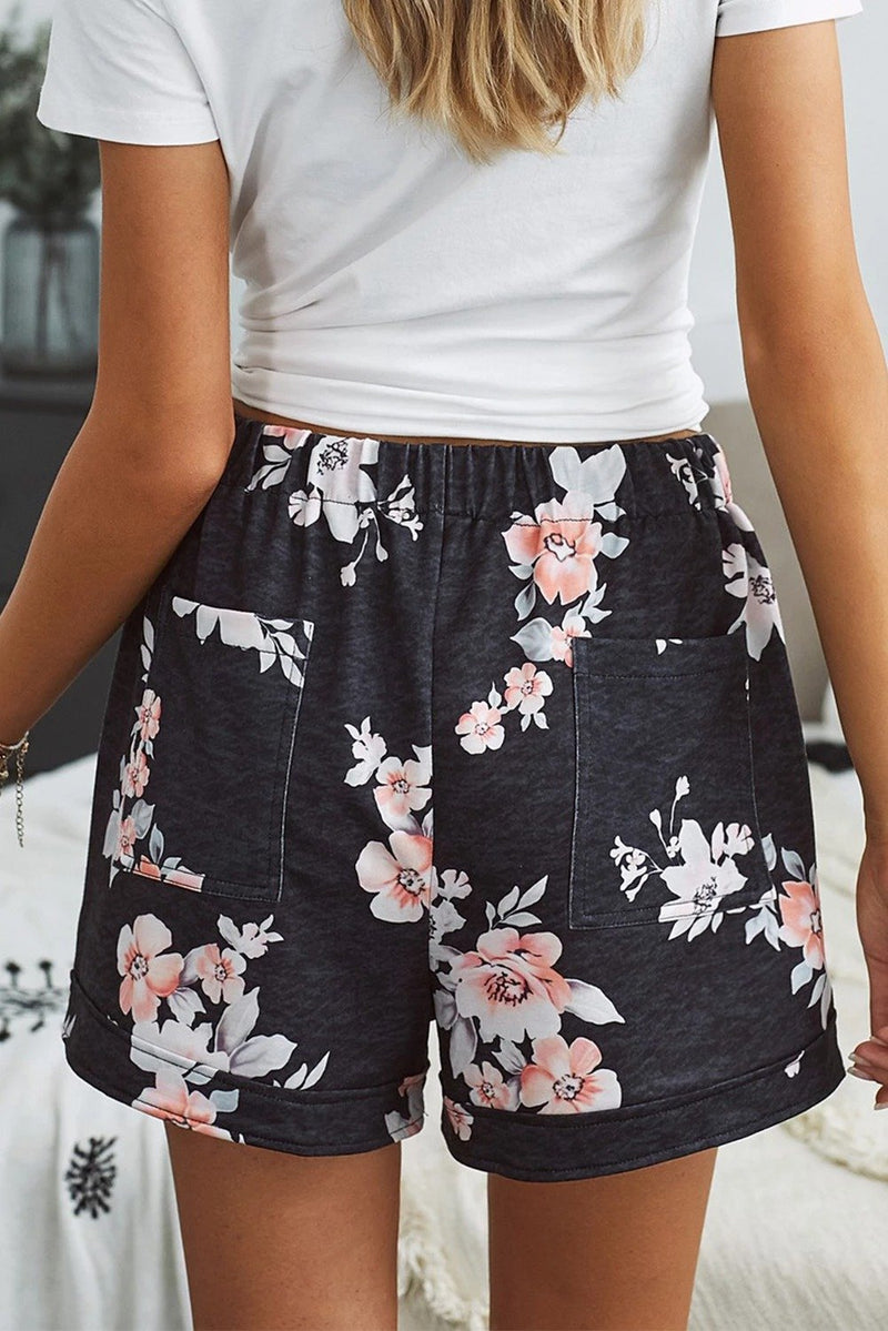 Black Floral Print Drawstring Elastic Waist Shorts