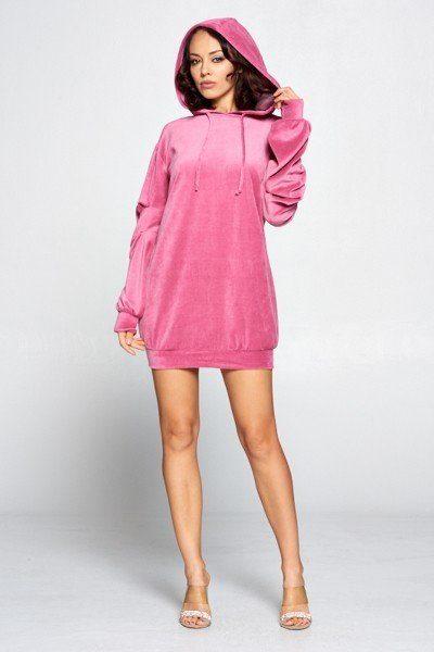 Pink Draw String Tie Hoodie Pullover Sweater Dress