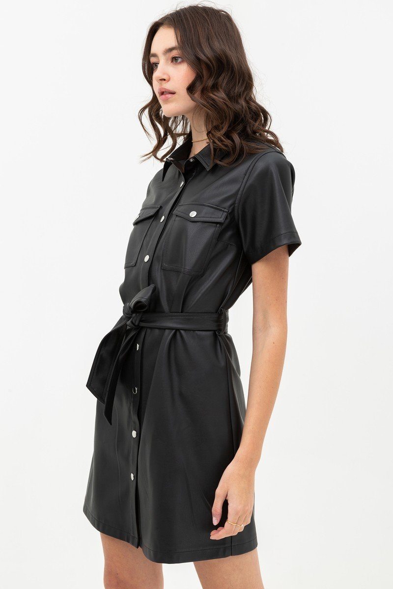Solid Short Sleeves Pleather Mini Dress