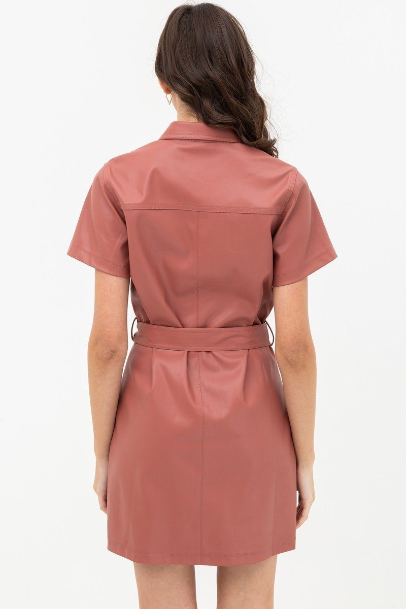 Solid Short Sleeves Pleather Mini Dress