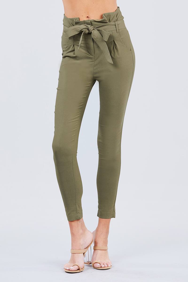 Solid High Waist Belted Stretch Pants in Several Colors