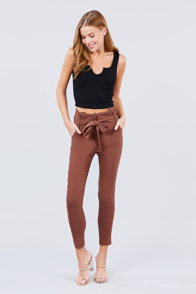 Solid High Waist Belted Stretch Pants in Several Colors