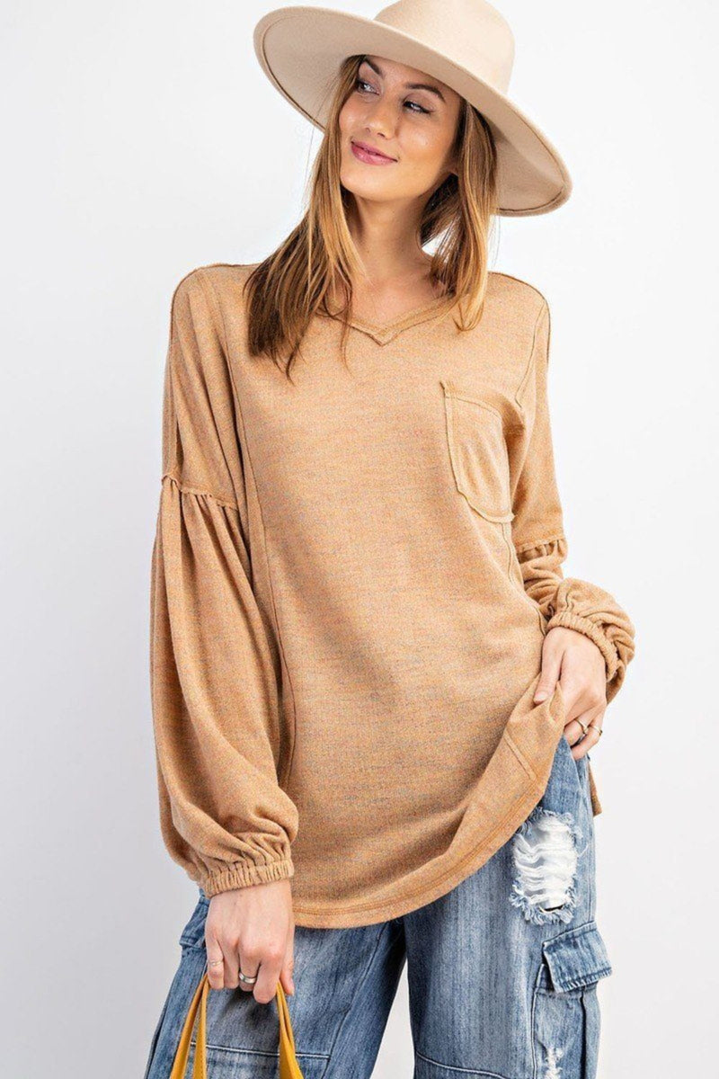 Solid Bubble Sleeves Multi Tone Light Hacci Sweater Top
