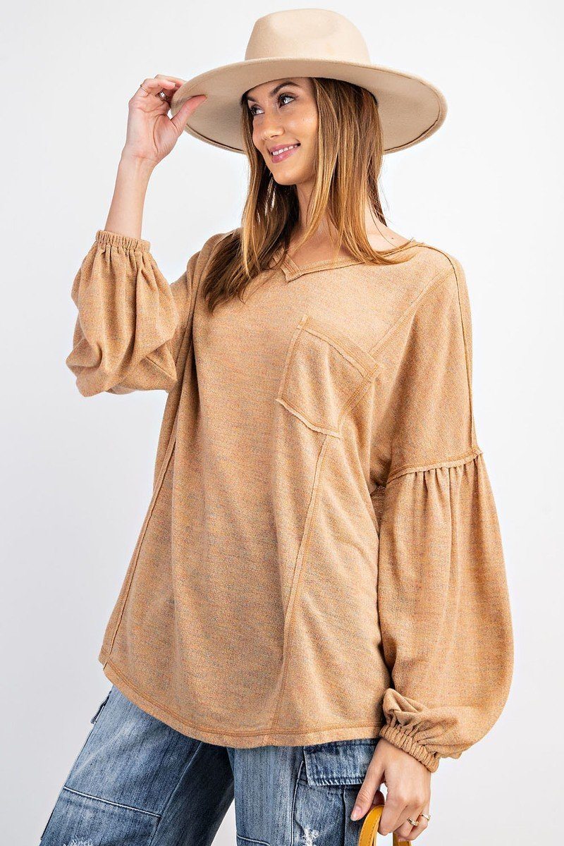 Solid Bubble Sleeves Multi Tone Light Hacci Sweater Top
