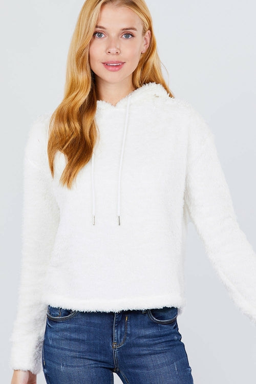 White Faux Fur Fluffy Hoodie Sweater Top