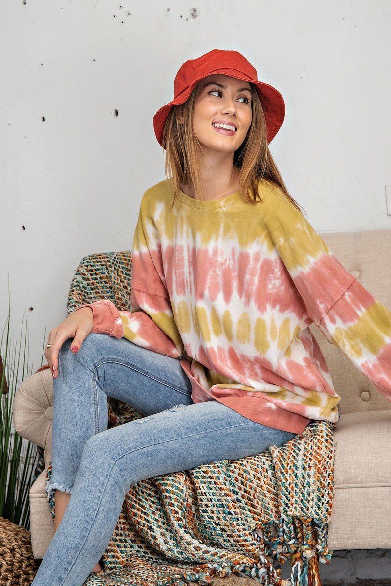 Tie Dye Long Sleeve Terry Knit Banded Bottom Pullover Top