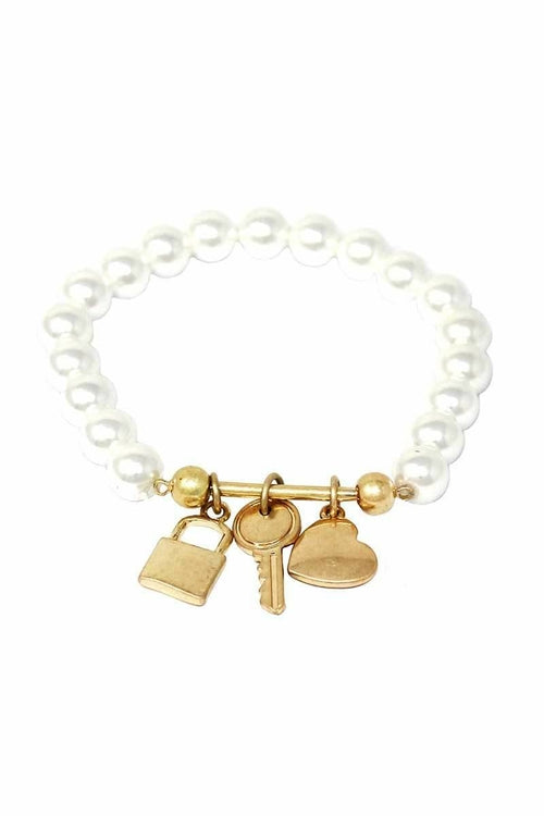 Multi Bead Lock, Key  and Heart Charm Stretch Bracelet