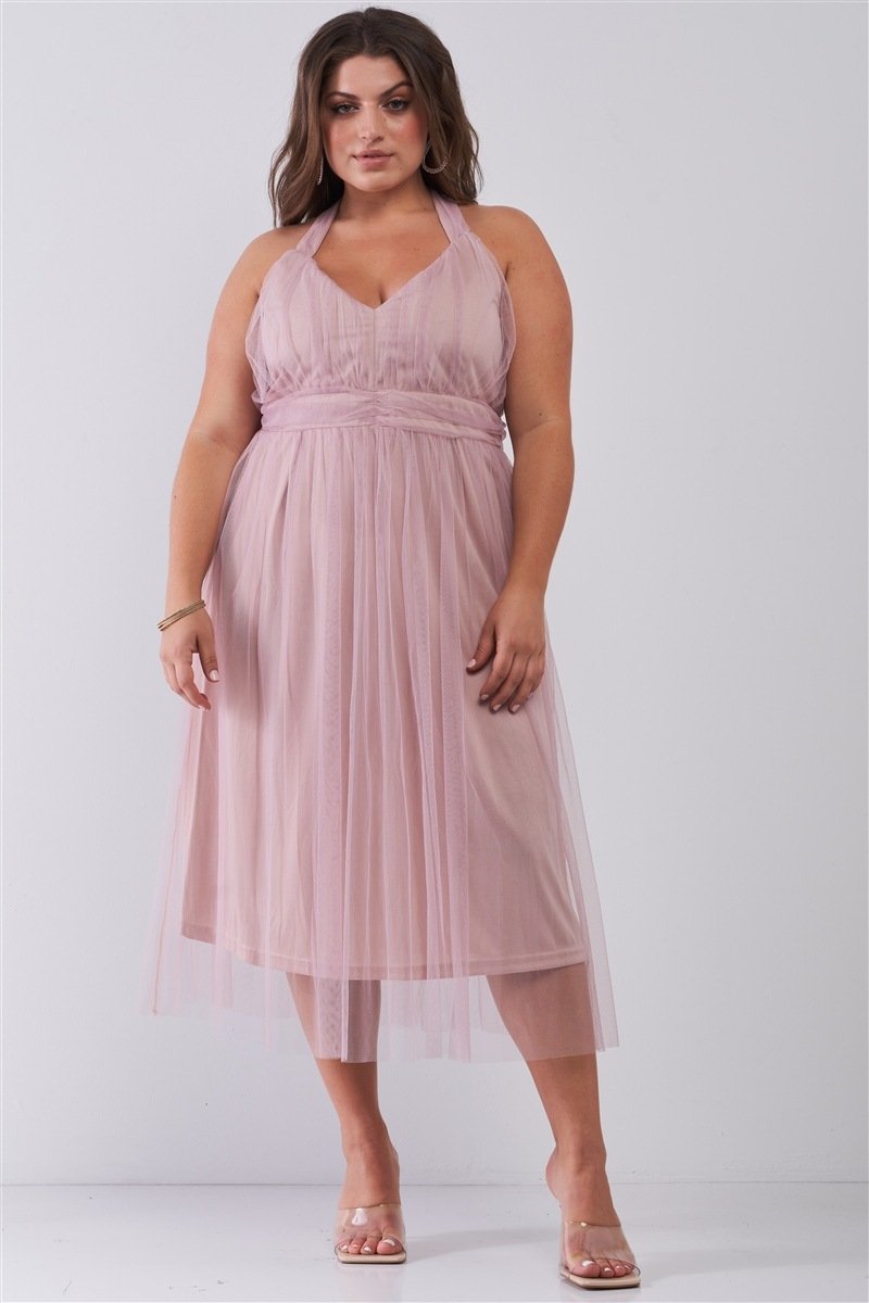 Pink Halter Neck Sleeveless Mesh High-waisted Midi Dress