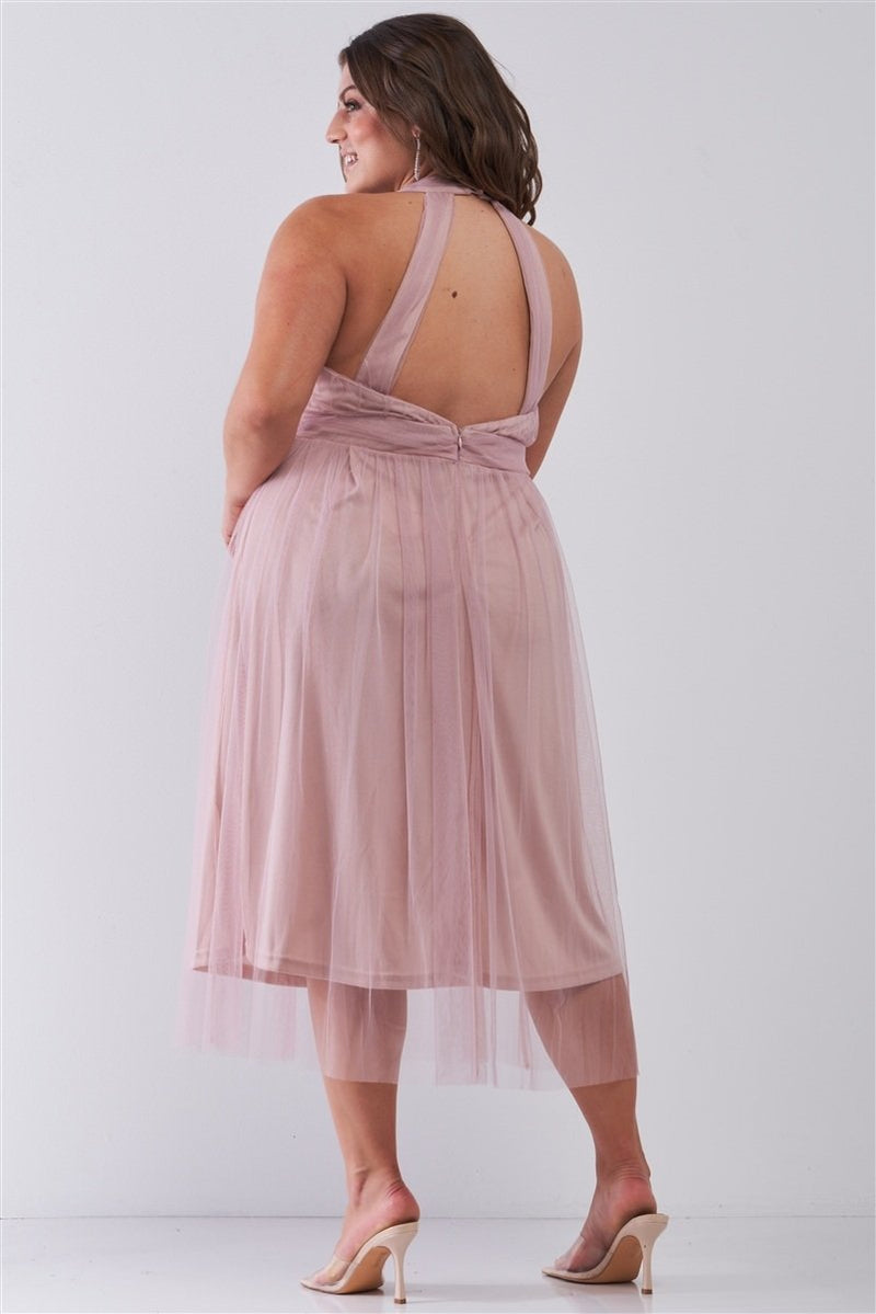 Pink Halter Neck Sleeveless Mesh High-waisted Midi Dress
