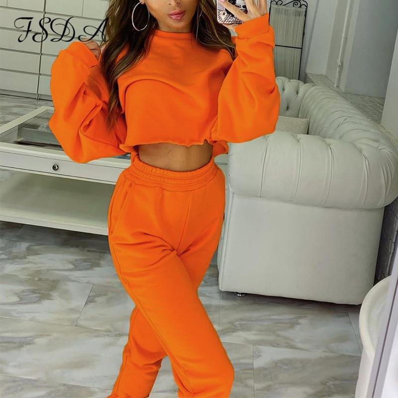 Women Set Casual Long Sleeve Crop Top And Pants Trousers Two Piece