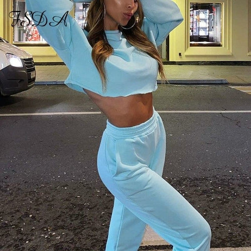 Women Set Casual Long Sleeve Crop Top And Pants Trousers Two Piece