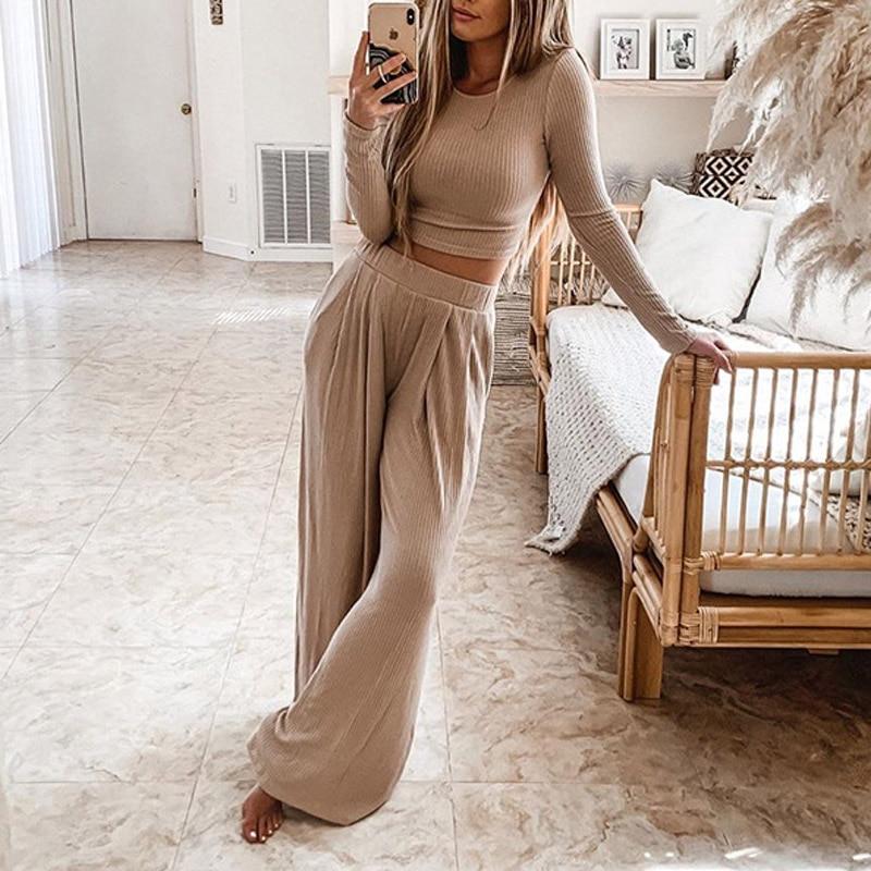 Knitted Rib Two-Piece Sets Tops & Long Pants Leisure Suit