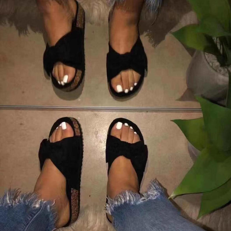 Women Black Slides 1 Straps Comfy Bow Slide Sandals