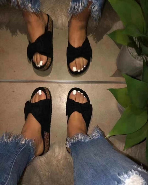 Women Black Slides 1 Straps Comfy Bow Slide Sandals