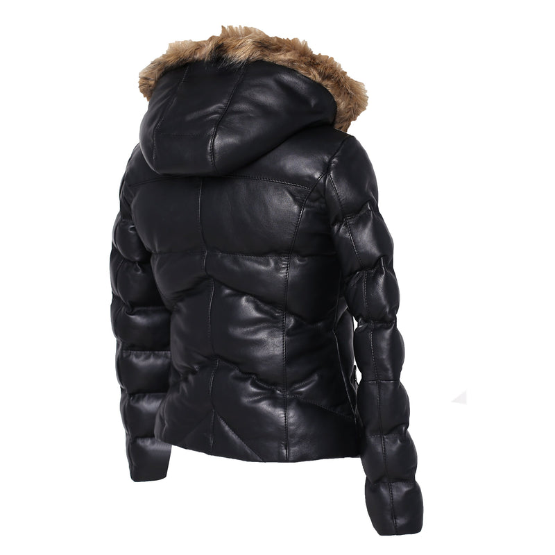Joselyn Black Puffer Winter Down Leather Jacket with Fur