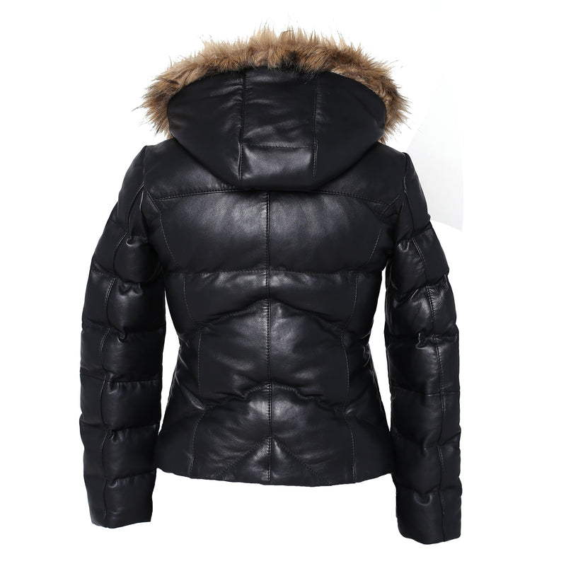 Joselyn Black Puffer Winter Down Leather Jacket with Fur