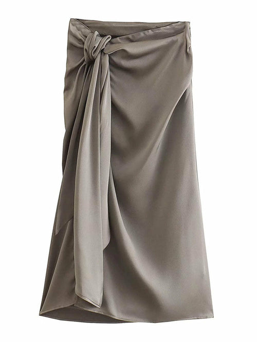 Knotted Front Slit Midi Skirt  High Waist Side Zipper Skirts