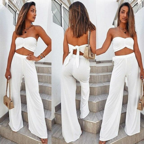Solid High Elastic Two Piece Sets Women Sexy Sleeveless Crop Tops