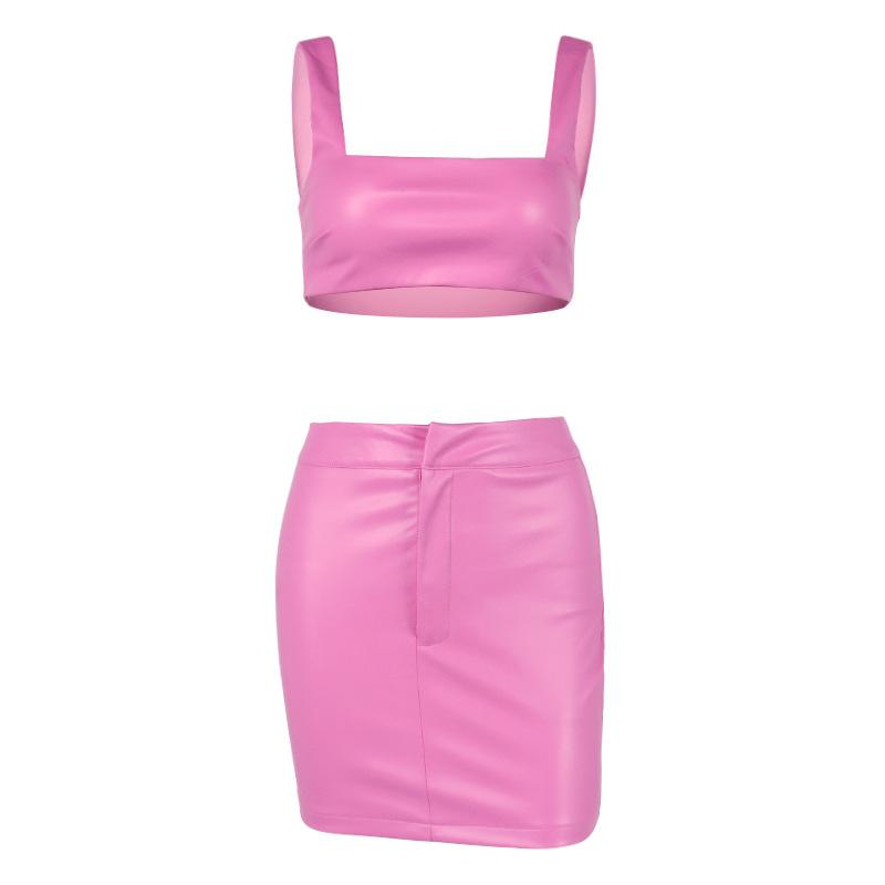 Pink Leather Two Piece Skirt Set Single Breasted Crop Top Zipper Slim