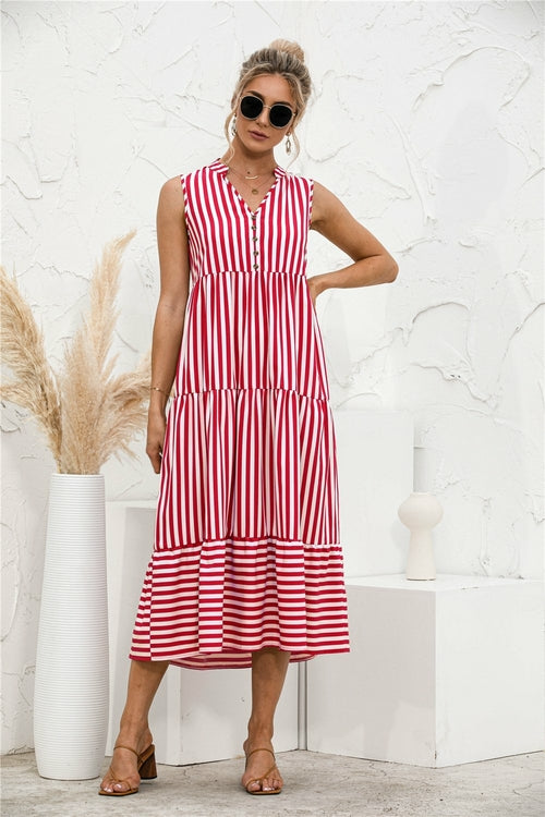 Striped Patchwork Big Swing Midi Dresses