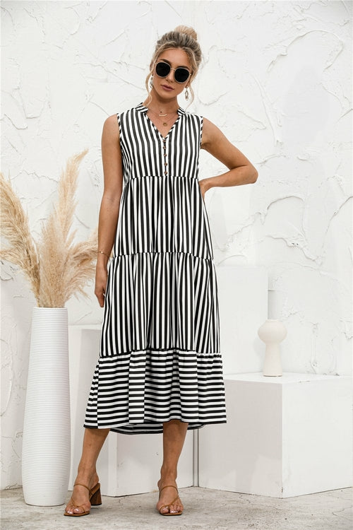 Striped Patchwork Big Swing Midi Dresses